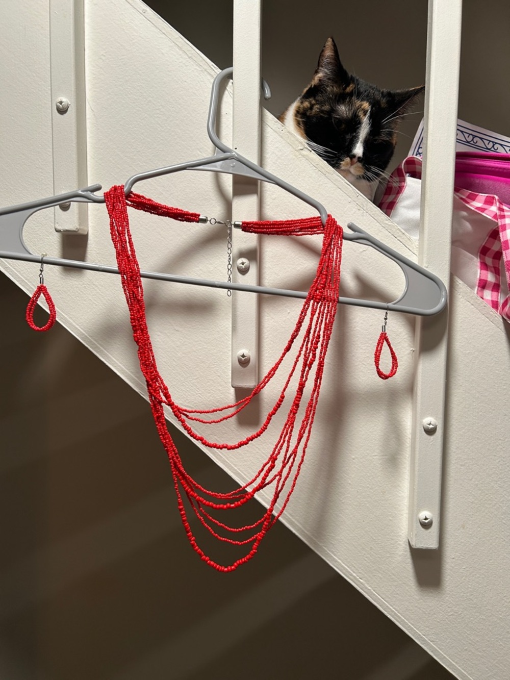 Red Multi-Strand Seed Bead Necklace with Matching Earrings